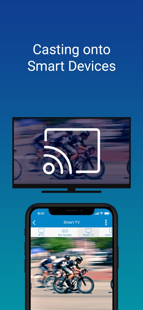 SURE Universal Smart TV Remote - Explore the app's intuitive streaming capabilities, enabling users to effortlessly cast media directly from their phone to a smart TV or media streamer, as shown by the prominent casting icon.