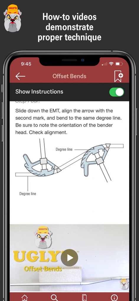 Ugly's Electrical References - Cet outil intègre un guide de cintrage de conduits avec des schémas explicatifs détaillés et des tutoriels vidéo pratiques pour maîtriser les techniques complexes.
