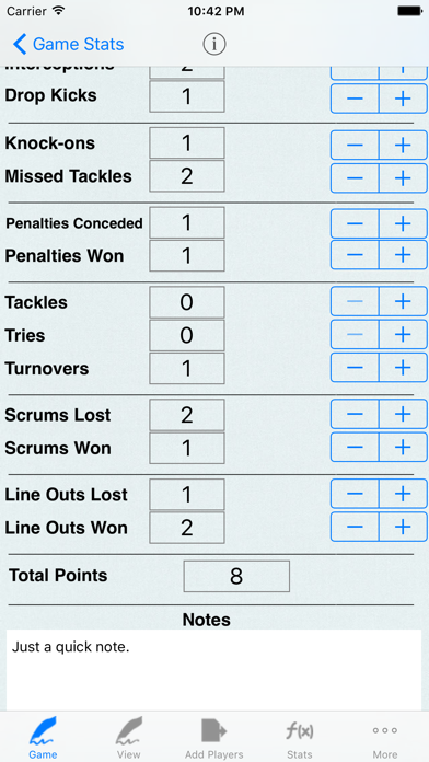 Rugby Player Stats Tracking Screenshot