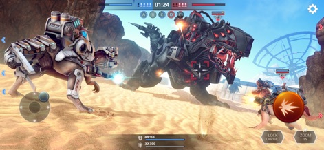 Jurassic Monster World 3D FPS - 砂漠の環境で、生体と機械が融合した強化型恐竜たちが近接戦闘を展開し、強力な武器と俊敏な動きを見せています。