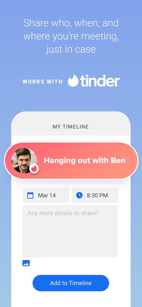 Noonlight: Feel Protected 24/7 - The app enhances meeting safety by allowing users to 'Share who, when, and where you're meeting' using the 'My Timeline' feature, seamlessly integrated with Tinder.