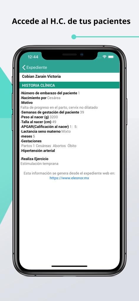 Eleonor - O aplicativo oferece acesso completo à "HISTORIA CLÍNICA" dos pacientes, incluindo dados como "Número de embarazo" e "Talla al nacer (cm)".
