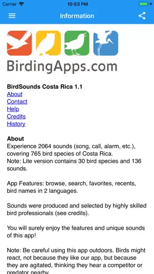 Capture d'écran de BirdSounds Costa Rica sur iPhone 4