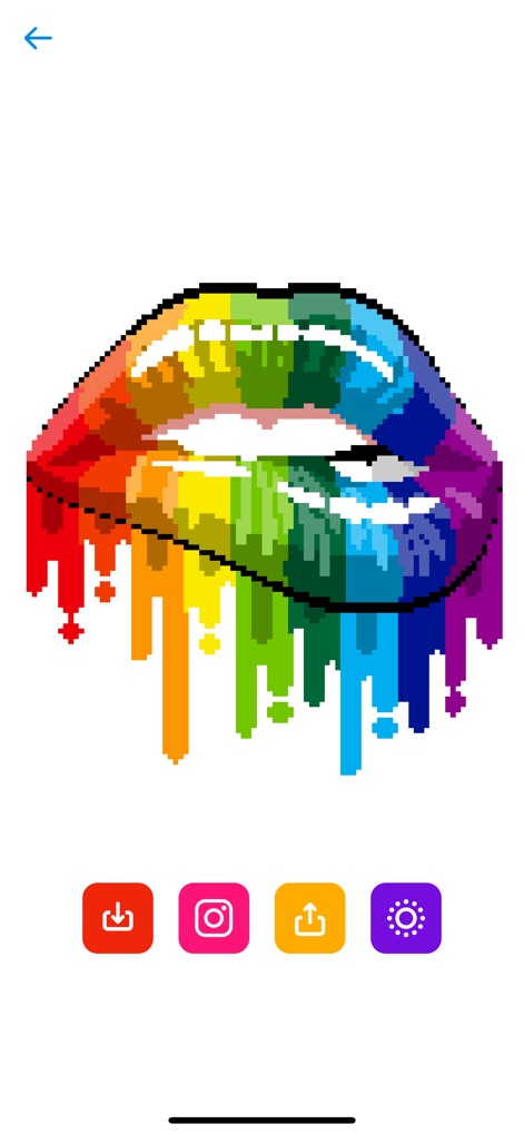 Sandbox - Pixel Art Coloring - Contemplez la richesse des couleurs et la précision des créations achevées, et remarquez les options de partage direct vers les réseaux sociaux et l'exportation pour sauvegarder chaque chef-d'œuvre.