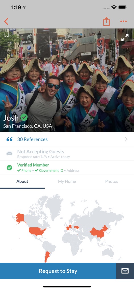Couchsurfing Travel App - The app provides detailed host profiles, displaying essential verification badges and a visual map of countries visited, building community trust.