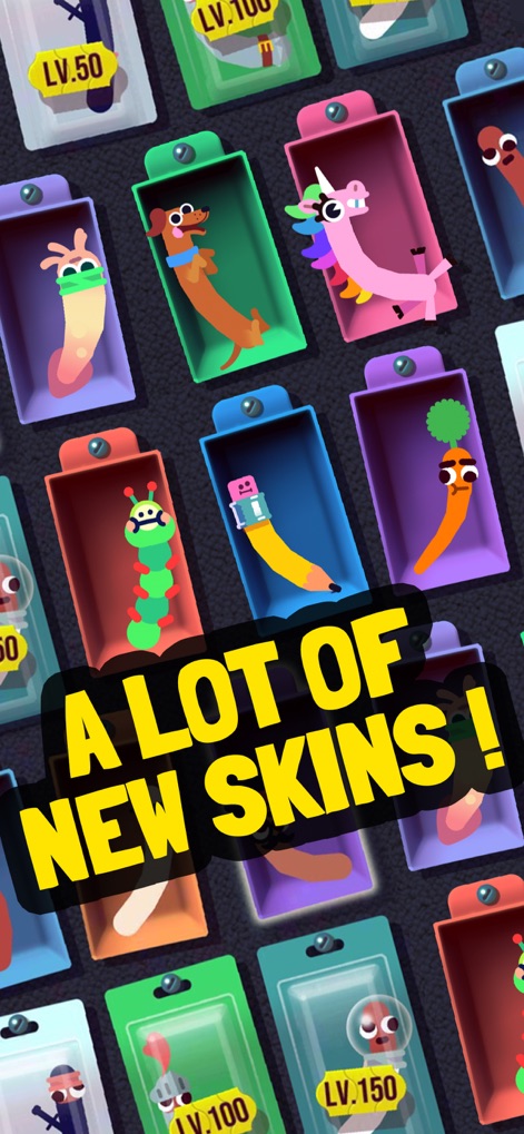 Sausage Flip - Explore the app's extensive collection of unique character skins, showcasing whimsical designs like the unicorn sausage and the pencil.