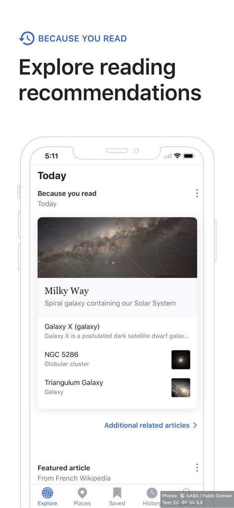 Wikipedia - Esta sección ofrece recomendaciones personalizadas como 'Milky Way' basadas en la actividad de lectura, y un enlace para explorar 'Additional related articles' que enriquecen el conocimiento.