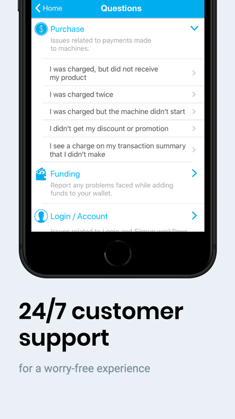 PayRange App Store screenshot 6, headline “24/7 customer support”. Uses a number.