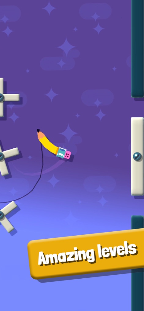 Sausage Flip - Witness the engaging level design as the pencil character navigates through a vibrant purple background filled with sparkling stars and challenging obstacles.
