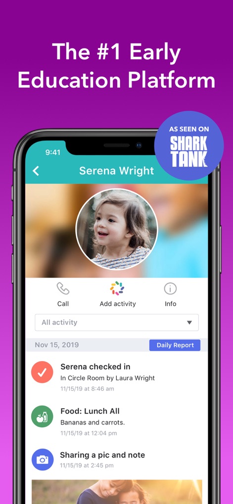 brightwheel: Child Care App - See how brightwheel: Child Care App displays individual child profiles with a detailed activity feed and quick access to daily reports.
