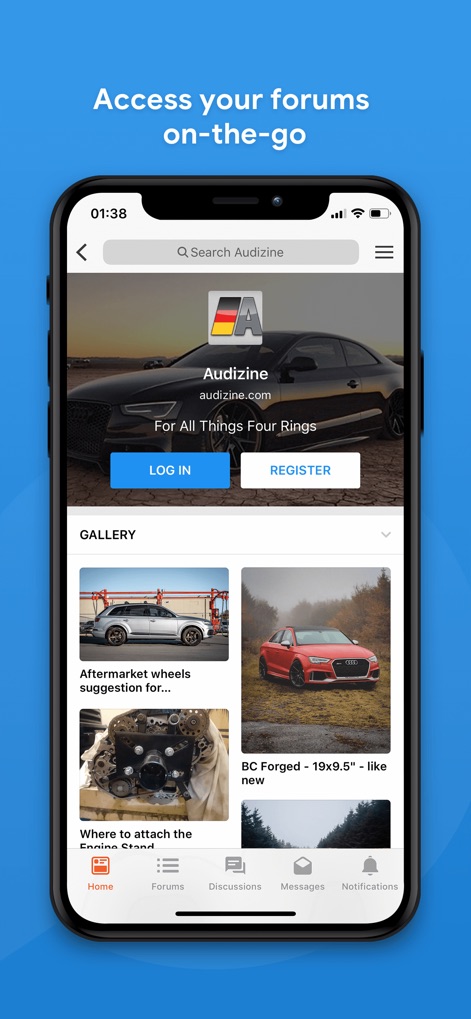 Tapatalk - 200,000+ Forums - The app provides a streamlined mobile experience for specific forums, offering dedicated brand pages like 'Audizine' and interactive sections such as the 'GALLERY' for visual content.