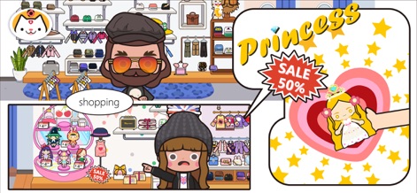 Miga Town: My Store - ユーザーは最新の洋服やアクセサリーを選んでおしゃれを楽しんだり（洋服ディスプレイ）、お得なセールで特別アイテムを手に入れることができます（セール品）。