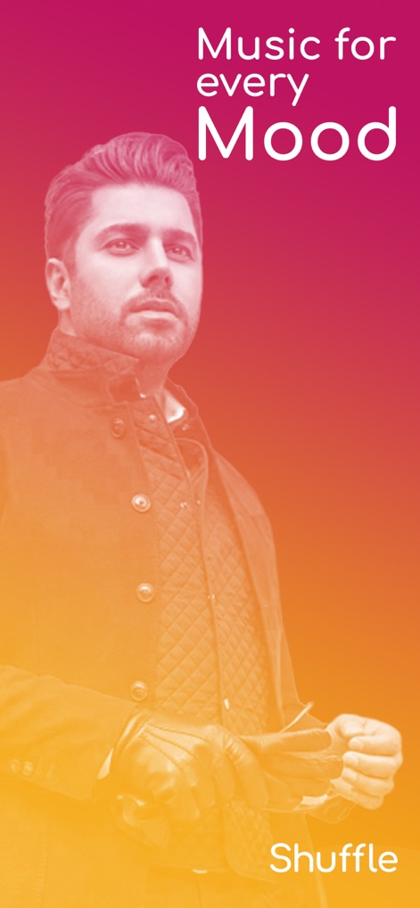 Shuffle Music - 「Music for every Mood」の文字とスタイリッシュな男性のビジュアルが示すように、このアプリはユーザーのあらゆる気分に対応する音楽を提供し、視覚的な魅力で体験を豊かにします。