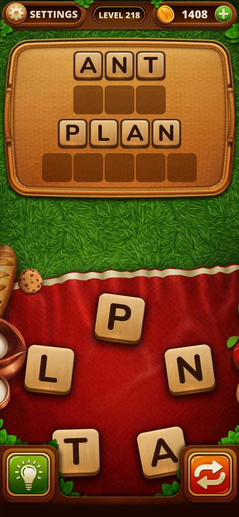 Word Snack - Picnic with Words - This screenshot highlights the engaging word discovery mechanic with dynamic letter tiles and the prominent level progression indicator at the top of the screen.