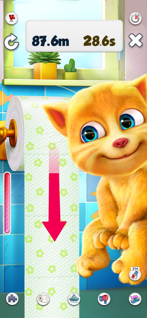 Talking Ginger - Os usuários podem observar Ginger desenrolando papel higiênico estampado com flores, enquanto um contador de tempo e metragem acompanha a brincadeira interativa.