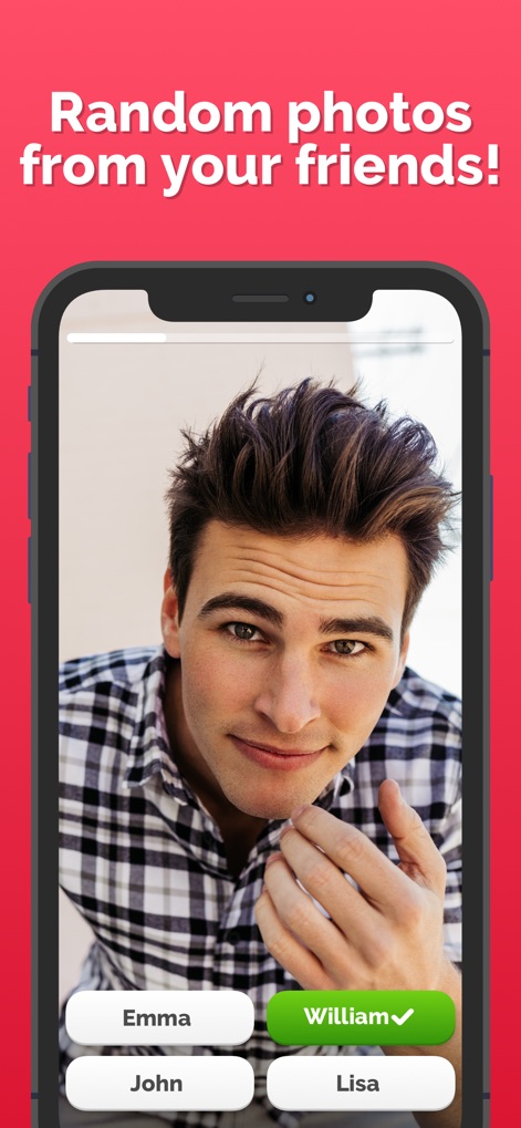 Photo Roulette - Discover how the app features a random friend's photo and highlights the correct guess with a distinctive green button and checkmark.