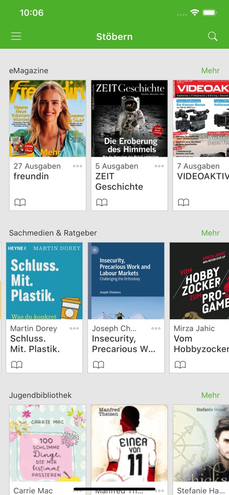 Onleihe - The app showcases its intuitive category-oriented browsing, featuring vibrant eMagazine cover art and organized sections like 'Sachmedien & Ratgeber'.