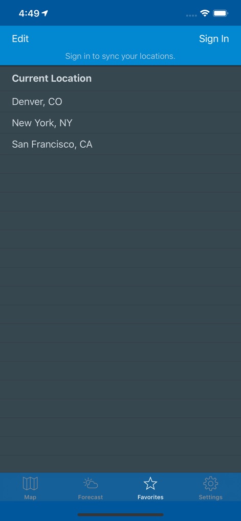 NOAA Weather & Tides - L'application permet de gérer facilement une liste de lieux favoris, avec le message d'invitation à se connecter pour la synchronisation des emplacements.