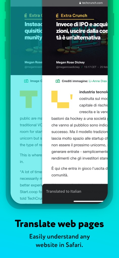 Language Translator by Mate - Users can seamlessly translate entire web pages within Safari, as shown by the overlay translation of an English article into Italian.