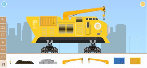 Brick Train Game:Kid & Toddler - Explore specialized train parts like functional cranes and cargo containers, assembled from a selection of unique building blocks, to create utility vehicles.