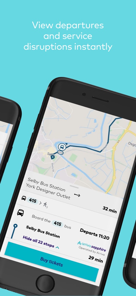 Arriva UK Bus - Users can instantly view detailed departure times and specific route information, including estimated journey duration and a convenient 'Buy tickets' button.
