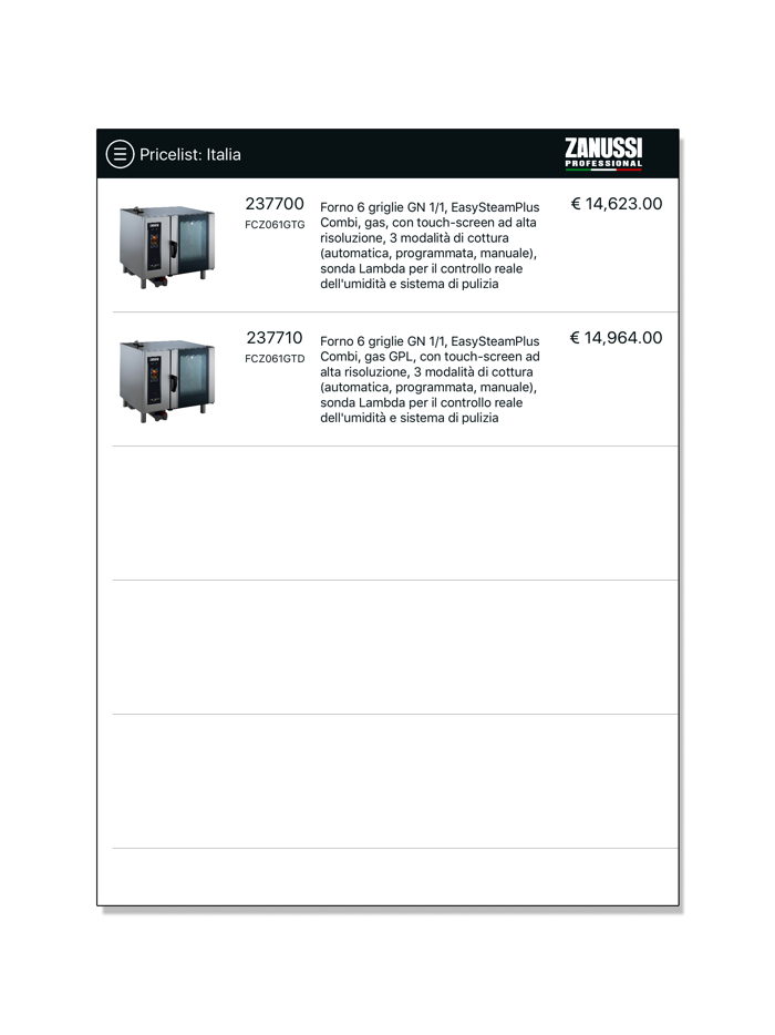 Zanussi Professional Pricelist