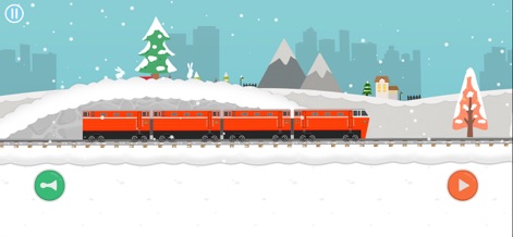 Brick Train Game:Kid & Toddler - Users can drive their custom trains through beautiful, themed landscapes, like this snowy terrain, using the intuitive play and horn interface buttons.