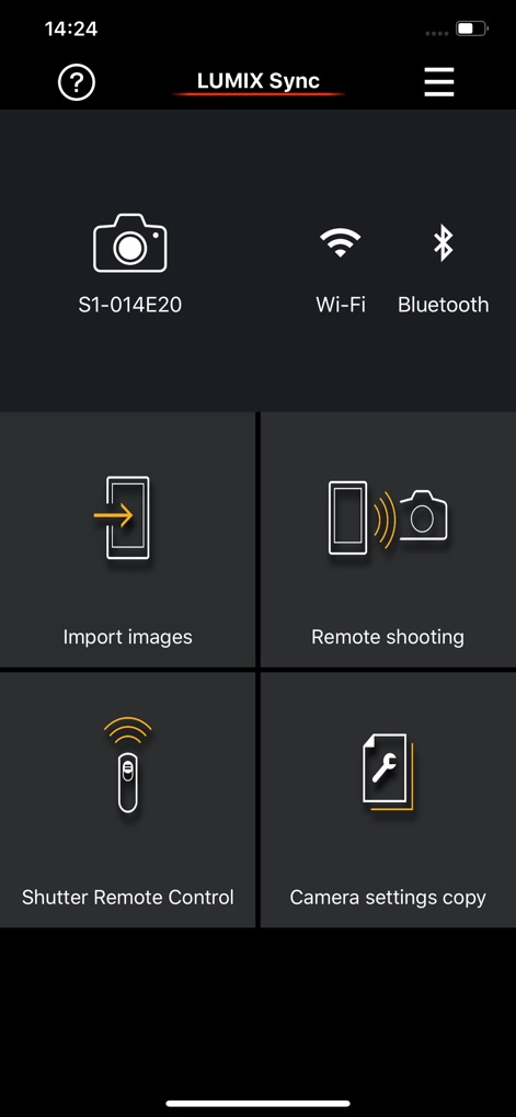 Panasonic LUMIX Sync - The app provides a streamlined dashboard, offering quick access to core functionalities like 'Import images' and 'Remote shooting', alongside clear indications of Wi-Fi and Bluetooth connectivity.