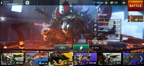 Jurassic Monster World 3D FPS - 格納庫画面では、プレイヤーが恐竜をカスタマイズできるインターフェースが表示されており、選択した恐竜の詳細なステータスとアップグレードオプションが確認できます。