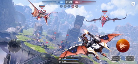 Jurassic Monster World 3D FPS - 広大な戦場では、複数の飛行型恐竜が空中で激しく交戦し、戦略的な空中戦闘が繰り広げられています。