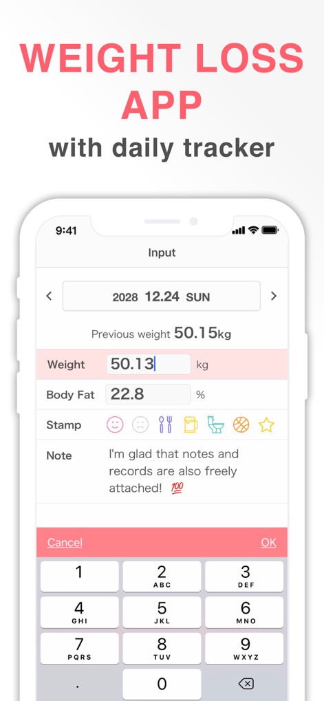 SmartDiet: Weight Loss Watcher - Die App ermöglicht Nutzern eine effiziente Erfassung ihres Gewichts und Körperfettanteils über eine intuitive Tastatur und bietet die Möglichkeit, Notizen sowie Stempel hinzuzufügen.