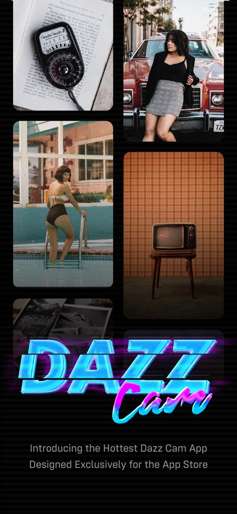 Dazz Cam ‎ - Explore the app's commitment to classic photography styles, evident in the diverse vintage aesthetic examples and the striking retro-futuristic Dazz Cam logo design.