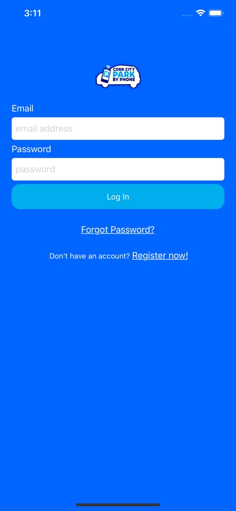 Cork Park by Phone - Dieses Anmeldebildschirm bietet klare Eingabefelder für "Email" und "Password" sowie eine direkte Option zur "Register now!", um neuen Nutzern den Einstieg zu erleichtern.