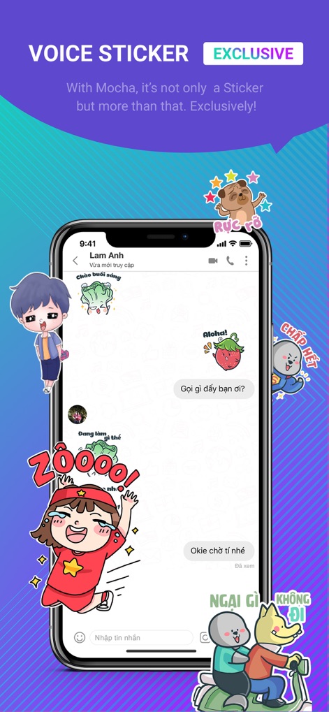Mocha: Unlimited data - L'application enrichit les conversations avec des 'stickers sonores' exclusifs et animés, intégrés de manière créative dans l'interface de messagerie pour une expression ludique.