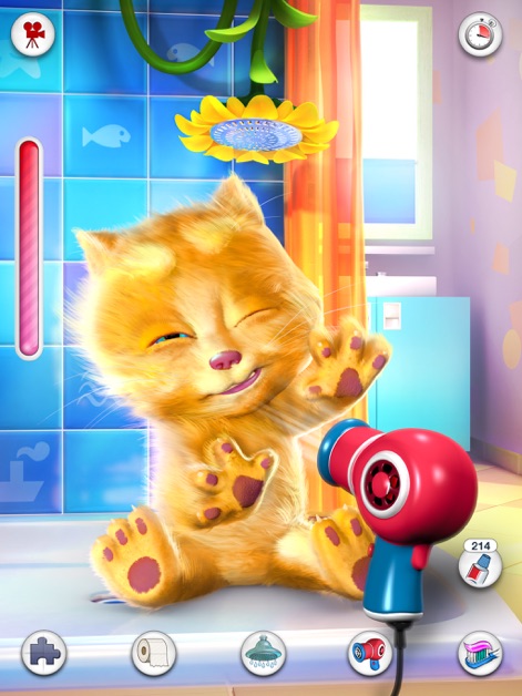 Talking Ginger for iPad - A imagem mostra Ginger secando o pelo com um secador de cabelo vermelho e azul, com o ícone de chuveiro ativado e uma barra de progresso vermelha, sugerindo o cuidado pós-banho.