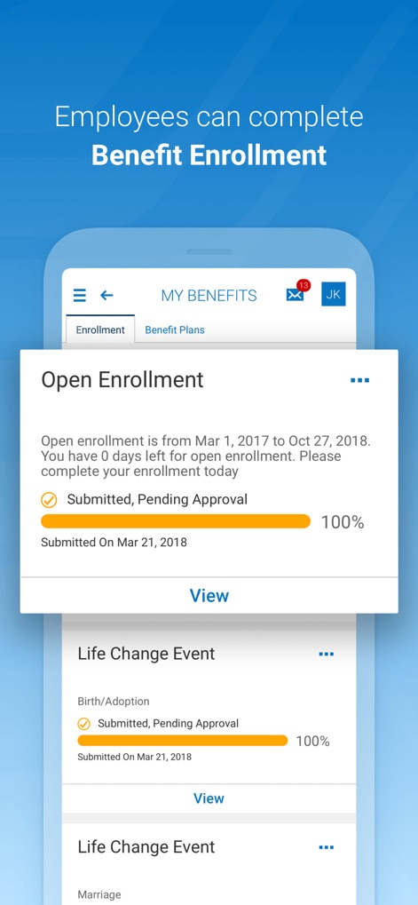 HCMToGo - Users can conveniently complete benefit enrollment, tracking open enrollment progress and managing life change event updates.