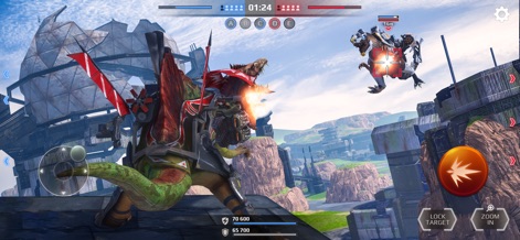 Jurassic Monster World 3D FPS - 翼を備えた強化型恐竜が高所から敵機を攻撃しており、その機動性と強力な火力が際立っています。