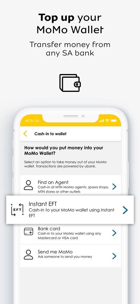 MTN MoMo SA - This view illustrates the diverse ways to fund a MoMo wallet, offering convenient options like "Instant EFT" and deposits via "Bank card" from any SA bank.