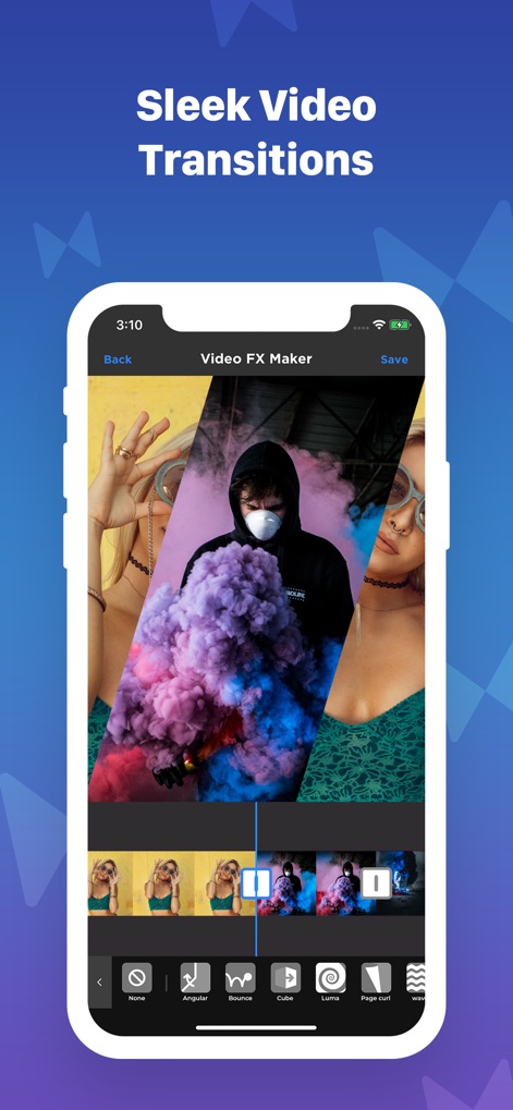 Video FX: Movie Clip Editor - Observe the app's extensive library of sleek video transitions, offering users creative options like Angular and Cube effects for professional-looking cuts.