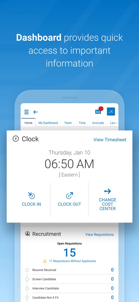 HCMToGo - The app's dashboard provides quick access to essential features like the Clock-in/out function and an overview of Recruitment requisitions.