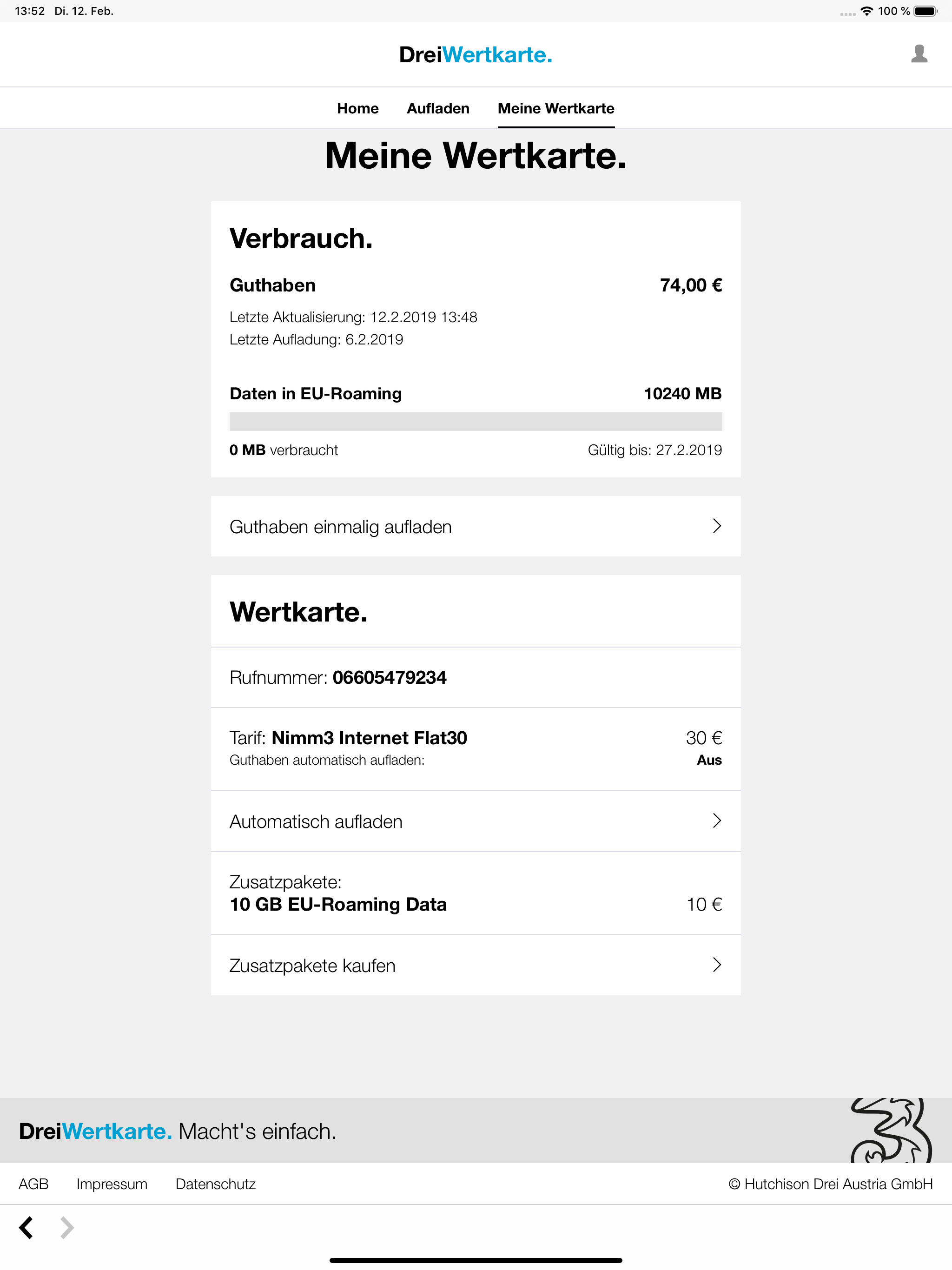 Drei Wertkarte