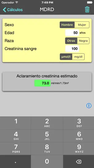 Captura de pantalla de U.C.I. RenalCalc en iPhone 4
