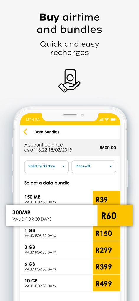 MTN MoMo SA - This screen showcases the simple process for purchasing "Data Bundles", allowing users to select from various options while monitoring their "Account balance".