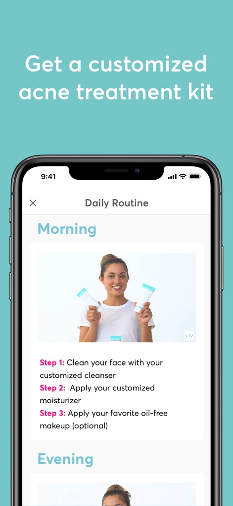 MDacne - Custom Acne Treatment - The app presents clear, actionable steps for a "Morning" routine, showcasing specific product application steps and custom cleanser recommendations.