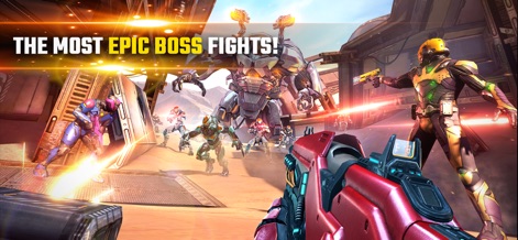 Shadowgun Legends: Online FPS - Witness colossal boss encounters requiring multi-player tactical engagements against immense adversaries, promising rewarding and challenging battles.