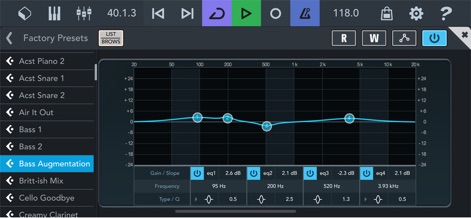 Cubasis LE 3 - Gli utenti possono scolpire il suono con l'equalizzatore grafico avanzato, visualizzando una dettagliata curva di frequenza e regolando con precisione i parametri numerici di Gain e Frequenza, come eq1 a 2.6 dB per 95 Hz.