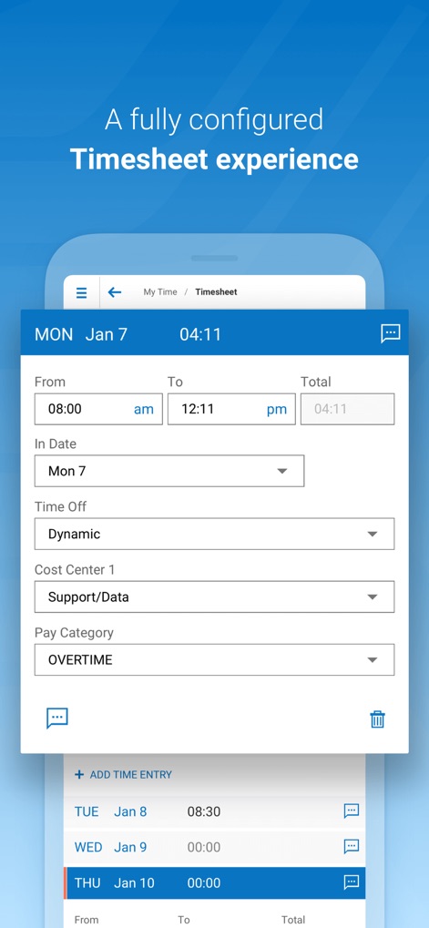 HCMToGo - The fully configured timesheet experience allows for precise entry of work hours with specific time inputs and relevant pay category selections.