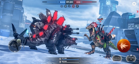 Jurassic Monster World 3D FPS - 雪に覆われた未来的な都市を背景に、重装甲のメカ恐竜同士が激しい肉弾戦を繰り広げ、その堅牢な装甲と破壊力が示されています。