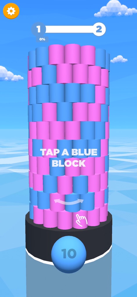 Tower Color - Hit and crash! - La aplicación guía a los usuarios con instrucciones claras como "TAP A BLUE BLOCK" y presenta bloques de colores vibrantes, como el rosa y el azul, para una inmersión instantánea en el juego.