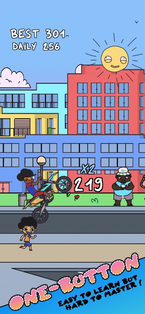 Summer Wheelie - This screenshot highlights the app's accessible 'ONE-BUTTON' control system and the immediate feedback from the 'BEST' and 'DAILY' score displays.